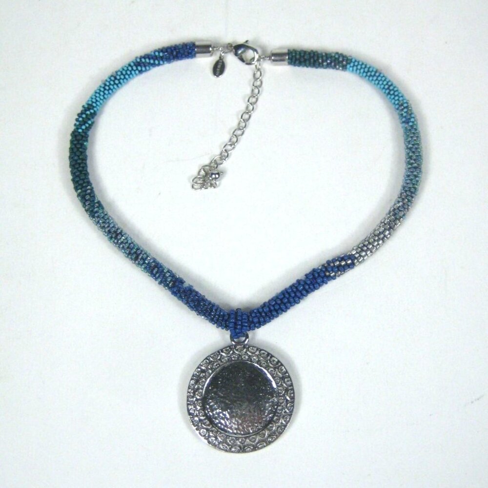 Chicos Blue Beaded Ombre Necklace Silver Tone Pendant Adjustable Chain